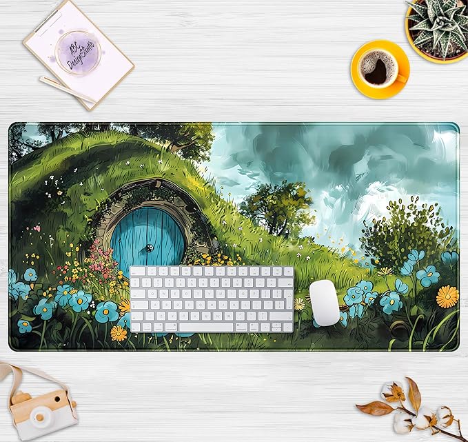 Cute Landscape Cartoons Desk Mat Aesthetic Gaming Mouse Pad XXL Large Extended Green Sage Desk Pad, Laptop Keyboard and Mouse Mat, Computer Desktop Mat Playmat, Women Desk Decor Pad 31.5x15.7 in
