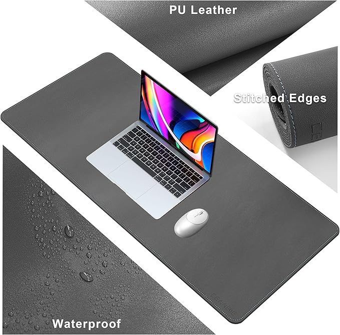 CENNBIE Desk Mat Pad Blotter Protector 47.2" x 19.6", PU Leather Desk Mat Laptop Keyboard Mouse Pad with Comfortable Writing Surface Waterproof (Grey)