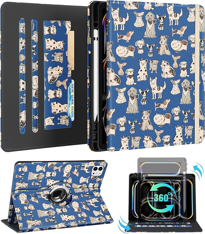 Kidcube for iPad Pro 13 Inch Case M4 2024 - Women Girls Kids Cute Rotating Stand Folio Cover with Pencil Holder & Card Slot Kawaii Cool Dogs Design for iPad Pro 13 Inch Case 2024 (A2925 A2926 A3007)