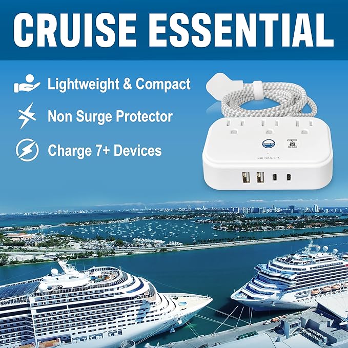 Cruise Approved Power Strip Non Surge Protector with 3.3 ft Travel Extension Cord and USB Ports [2 USB, 2 USB-C, 3 AC] Cruise Ship Essentials for Carnival, Princess, & Major Cruise Lines 2026 & 2027