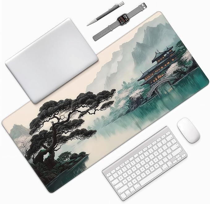 XXL Desk Mat Mouse Pad, Ink Wash Cherry Blossom Design, Washable Rubber Anti-Slip, Stitched Edges, 35.4 x 15.7 Inches, Rectangular, for Computer Work Gaming