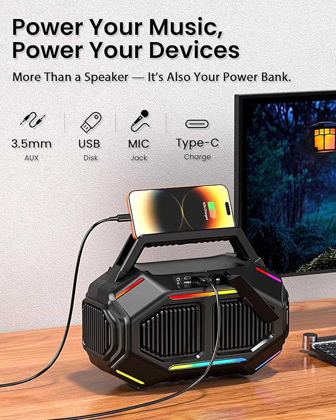 ShellHome Bluetooth 6.0 Speakers Outdoor, 80W(Peak) Loud Speaker with Bass, 30H Playtime, IPX6 Waterproof, RGB Lights, BassUp 2.0, TWS, Portable Large Jobsite Speakers for Party, Garage