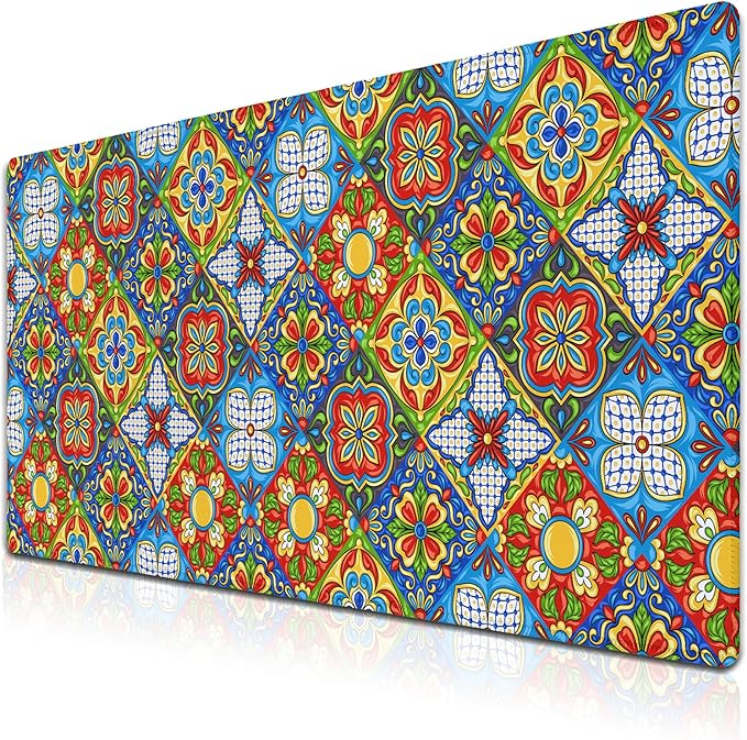 Extra Large Mouse Pads Gold Pad for Mouse Gaming Mousepad Computer Mat Large Mouse Mat Non-Slip Rubber Base 35.4 X 15.7 for Game Office, Mexican Talavera Ceramic Tile Pattern