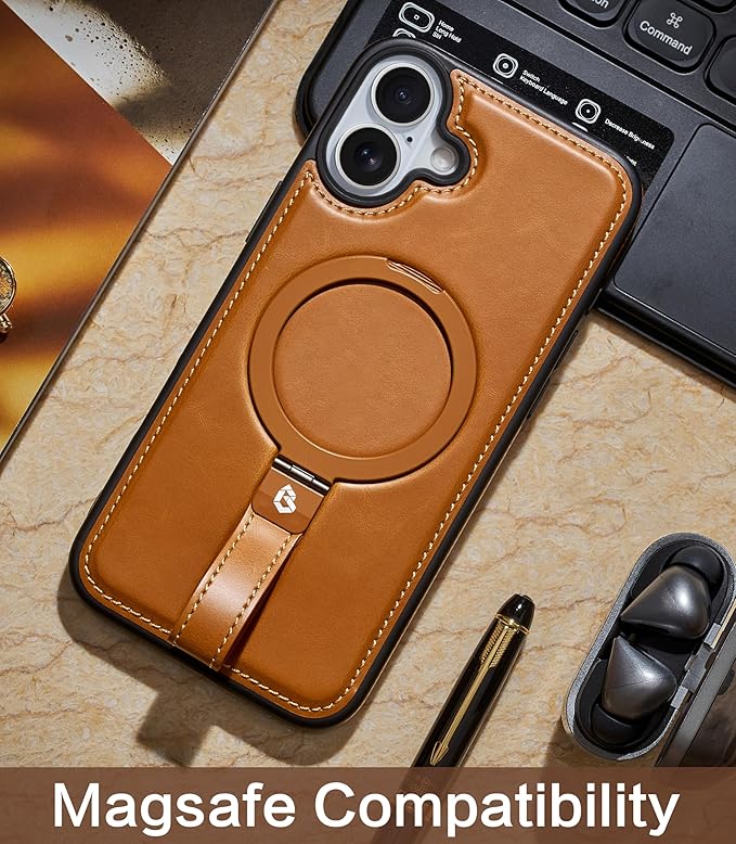 Butaiga for iPhone 17 Leather Case with Stand, Anti-Slip Grip Ring, Fits for MagSafe (Brown, iPhone 17)