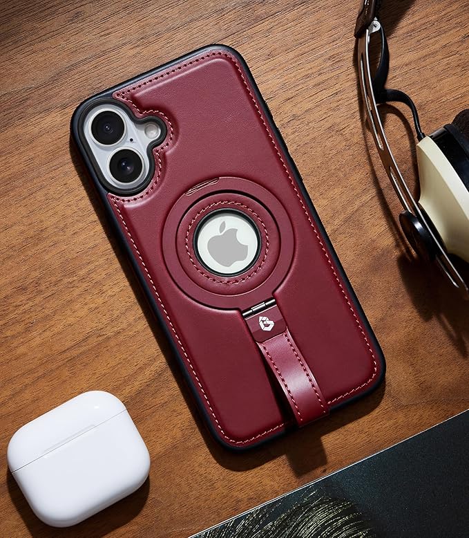 Butaiga for iPhone 16 Leather Case with Stand, Anti-Slip Grip Ring, Fits for MagSafe (Burgundy, iPhone 16)