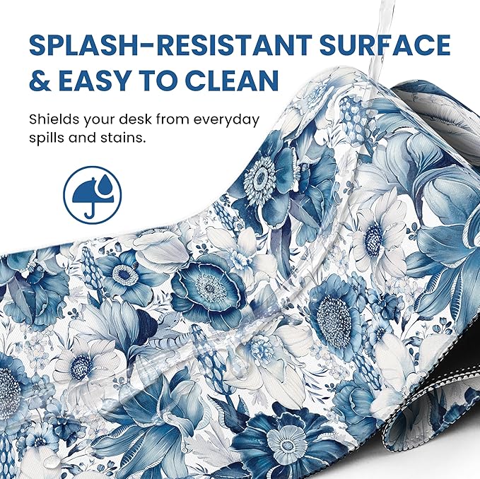 Large Mouse Pad for Desktop, Cute Desk Mat Pad Protector for Work & Gaming, Aesthetic Pretty Anti-Slip Laptop Blotter Cover for Office School Home Supplies, Blue Floral, 31.5" x 11.8"