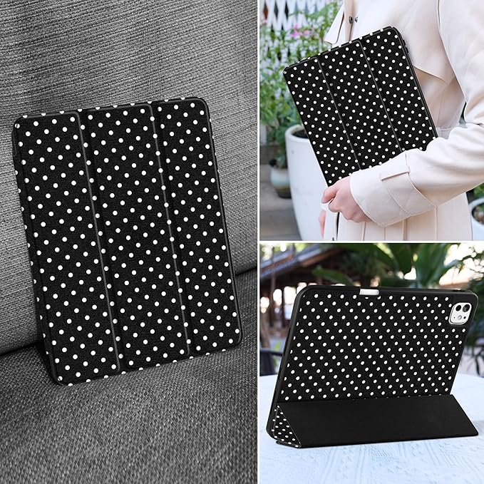 MEEgoodo Case for M5 iPad Pro 11 inch 2025/M4 iPad Pro 11 inch Case 2024, Tablet Cover with Trifold Stand & Pencil Holder & Auto Wake/Sleep & Soft TPU Back Cover, White Polka Dot