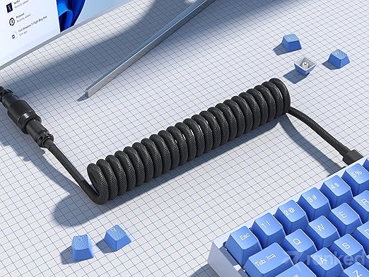 Ranked Coiled Keyboard Cable | Handcrafted Double-Sleeved Braided Cable | USB Type C to A | 5-Pin Aviator Connector for Custom Mechanical Gaming Keyboard | Support Fast Charge 20W (Black)