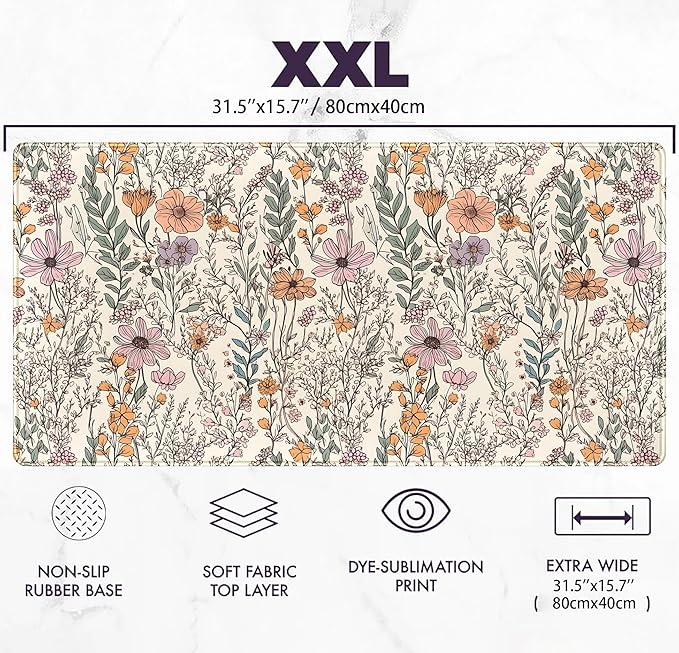 Wild Flowers Gaming Mouse Pad, Floral Cute Keyboard Mouse Mat, Full Desk Protector, Aesthetic Desk Decor 31.5"x15.75"
