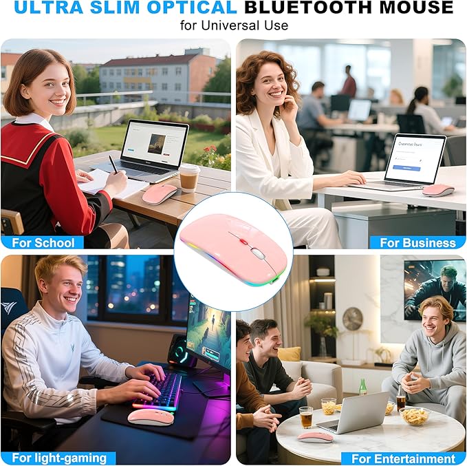 LED Bluetooth Wireless Mouse for MacBook Air/Pro, Laptop, iPad – Rechargeable Silent Light-Up Slim Mouse, Optical Dual Mode BT5.2 & USB-A/USB-C – for Students, Kids, Girls, Boys – Baby Pink