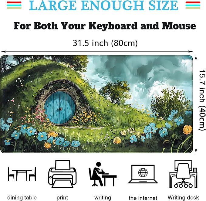 Cute Landscape Cartoons Desk Mat Aesthetic Gaming Mouse Pad XXL Large Extended Green Sage Desk Pad, Laptop Keyboard and Mouse Mat, Computer Desktop Mat Playmat, Women Desk Decor Pad 31.5x15.7 in