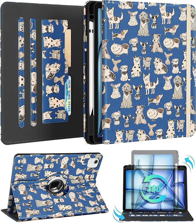 Kidcube for iPad Air 11 Inch Case M3/M2, Air 5th/4th Generation Cases 10.9'', Pro 11'' 2020 - Women Girls Kids Aesthetic Cute Rotating Stand Folio Cover with Pencil Holder & Card Slot Cool Dogs