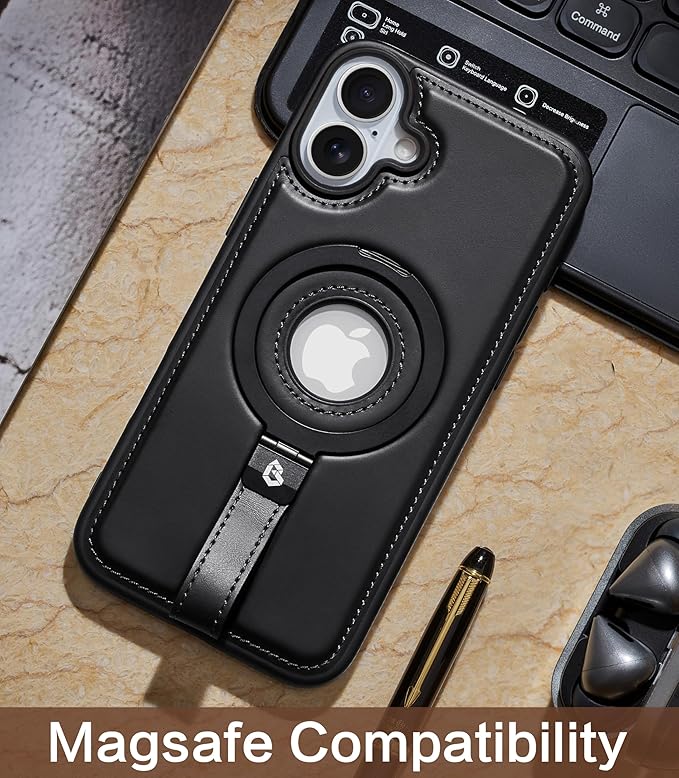 Butaiga for iPhone 16 Plus Leather Case with Stand, Anti-Slip Grip Ring, Fits for MagSafe (Black, iPhone 16 Plus)