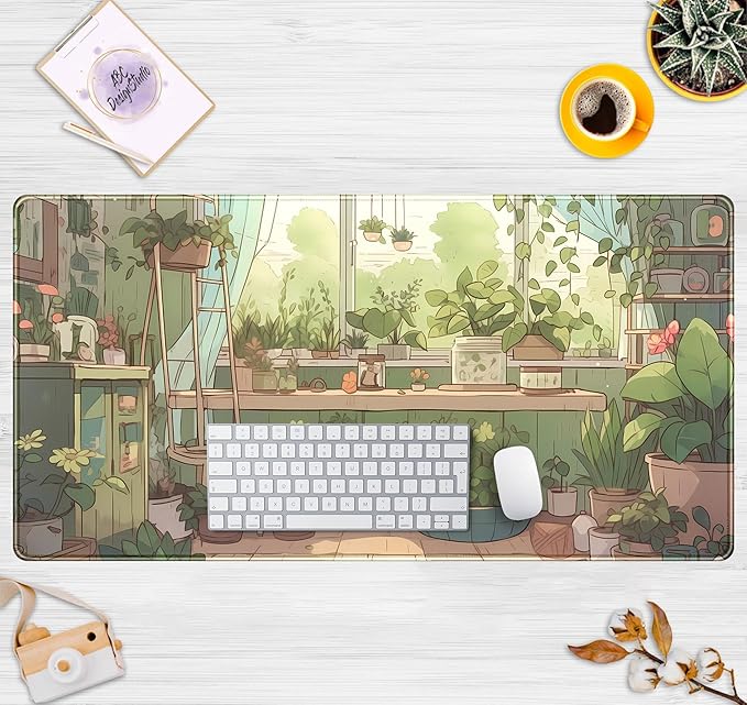 Cute Desk Mat Green Plants Gaming Mouse Pad XXL Large Extended Sage Laptop Keyboard and Mouse Mat with Stitched Edges, Computer Desktop Mat Playmat for Women Office Desk Decor Pad Mat 31.5x15.7 in