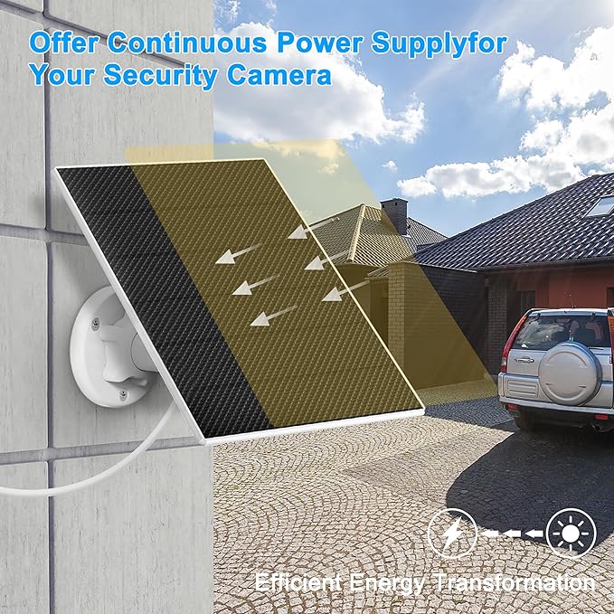 DCT Solar Panel for Security Camera, 5W with Micro USB & Type-C Port, IP65 Waterproof Outdoor DC 5V Rechargeable Battery 360° Adjustable Mounting Bracket, 10ft Cable, Black, 6.6*4.85*1.5IN, S5