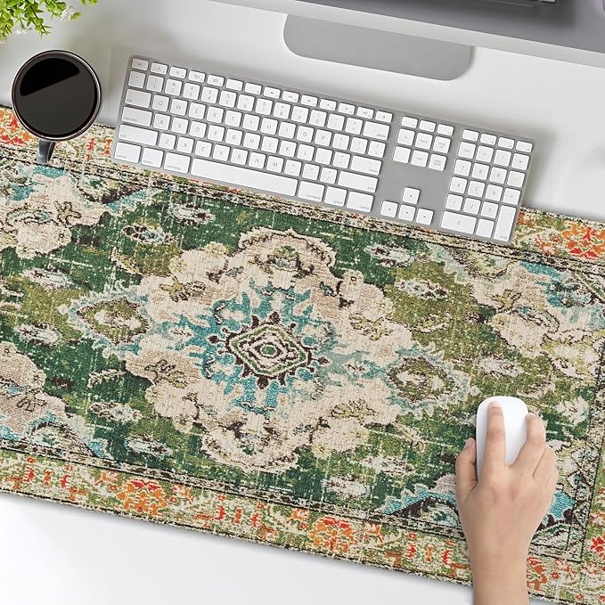 Vintage Rug Mouse Pad XL Green Orange Retro Carpet Aesthetic Extended Table Mat 80X30 cm Non-Slip Rubber Base Stitched Edge Large XL Mousepad for Desk Gaming Laptop Desk Top,31.5×11.8 Inch