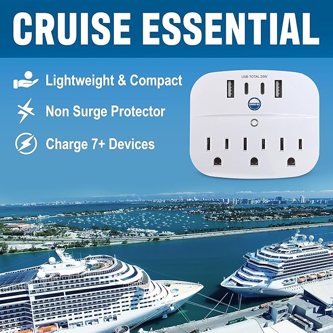 Cruise Approved Power Strip Foldable, Non Surge Protector Travel Power Strip, 2 USB-C, 2 USB, 3 AC Outlet Plugs - Cruise Essentials for Carnival, Celebrity, Princess & Major Lines in 2026 & 2027