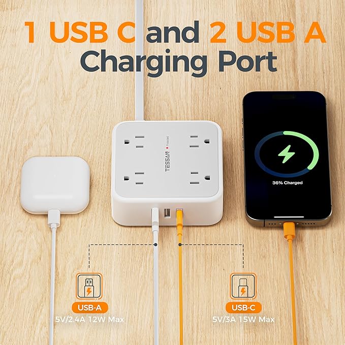 TESSAN Surge Protector Power Strip, 10 Ft Flat Plug Extension Cord with 3 USB (1 USB C) 8 Outlets, 1250W, 900J Protection, 3 Sided Outlet Extender with Power Switch for Office, Dorm Room, Grey