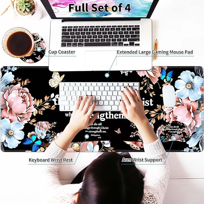 Extended Large Mouse Pad Set 31.5 x 15.7 – Christian Floral All-in-One Desk Set with Keyboard Wrist Rest, Mouse Wrist Rest & Coaster, Ergonomic Desk Accessories for Women, Faith-Inspired Office Gift