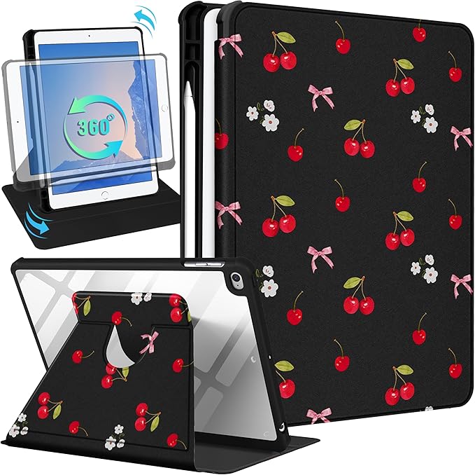 Uppuppy for iPad 5th/6th Generation Case for iPad Air 1st/Air 2nd/Pro 9.7 inch 2016 Case - 360 Rotating Stand Folio Smart Cover with Pencil Holder for Women Girl, Cherry Bow Flowers for Apple Tablet