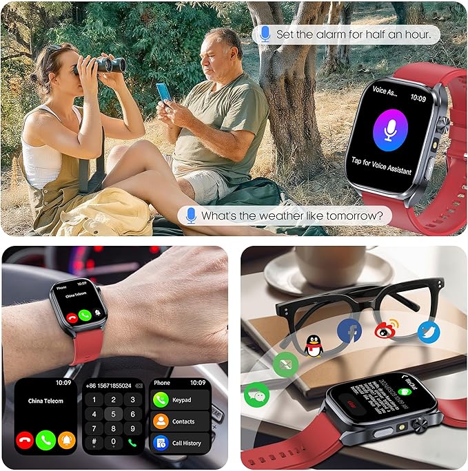 Advanced Health Smartwatch for Women Men with Real-Time Monitoring of Heart Rate, Sleep Quality and Stress Levels, Always-On Display，Bright Flashlight (Red)