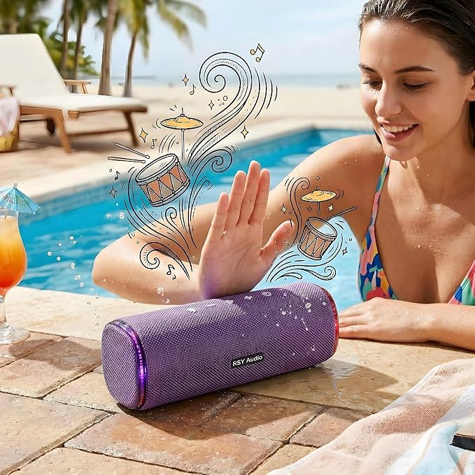 40W Bluetooth Shower Speaker, IPX7 Waterproof Floating Pool Speaker with Interactive Tap-to-Play Drum Beats, 25H Playtime, LED Lights, Built-in Mic for Hands-Free Calls in Bathroom, Purple
