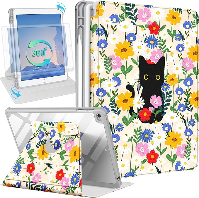 Uppuppy for iPad 5th/6th Generation Case for iPad Air 1st/Air 2nd/Pro 9.7 inch 2016 Case - 360 Rotating Stand Folio Smart Cover with Pencil Holder for Women Girls, Cat and Flowers for Apple Tablet