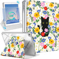 Uppuppy for iPad 5th/6th Generation Case for iPad Air 1st/Air 2nd/Pro 9.7 inch 2016 Case - 360 Rotating Stand Folio Smart Cover with Pencil Holder for Women Girls, Cat and Flowers for Apple Tablet