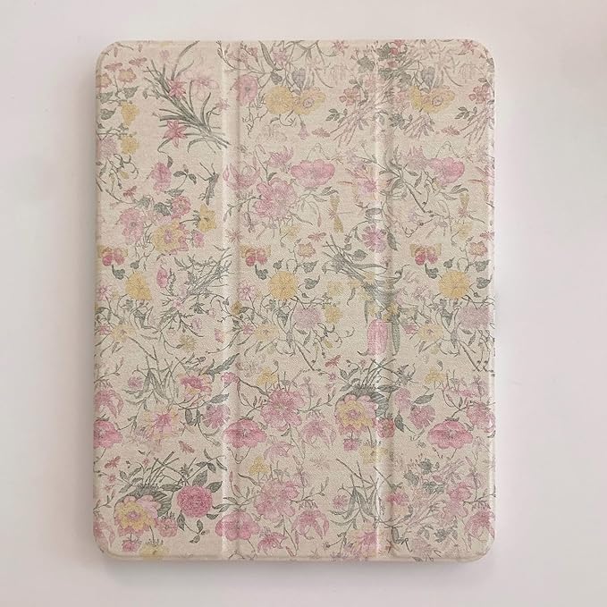 Adjustable Stand Hard PU Clear Back Folio Case for Apple iPad Pro 13-Inch 2024 M4 Model A2925 A2926 Flowers Floral Pattern Refreshing Classic Vintage Pretty Chic Cute Lovely Girls Women
