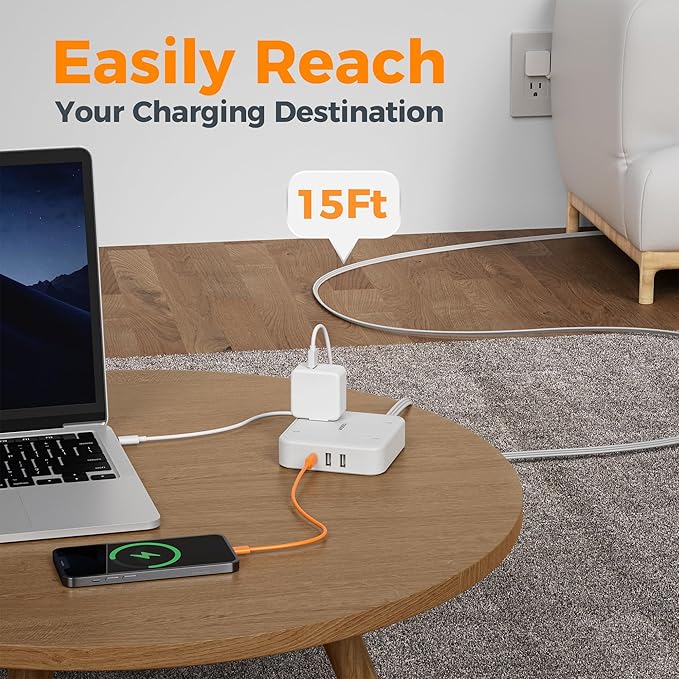 TESSAN Surge Protector Flat Extension Cord 15Ft, Flat Plug Power Strip with 4 Outlets 3 USB Ports (1 USB C), 900 Joules Protection, Multiple Wall Outlet Extender Suitable for Home Office Dorm, White