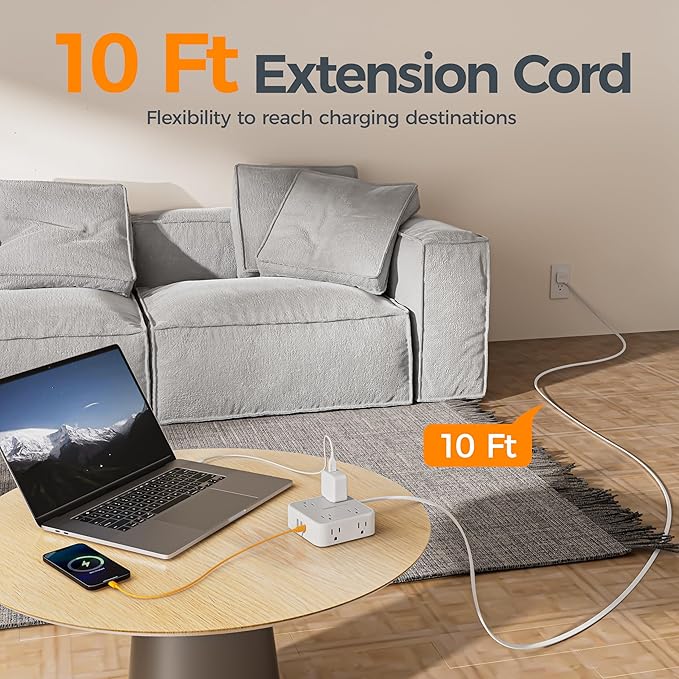 TESSAN Surge Protector Power Strip, 10 Ft Flat Plug Extension Cord with 3 USB (1 USB C) 8 Outlets, 1250W, 900J Protection, 3 Sided Outlet Extender with Power Switch for Office, Dorm Room, Grey