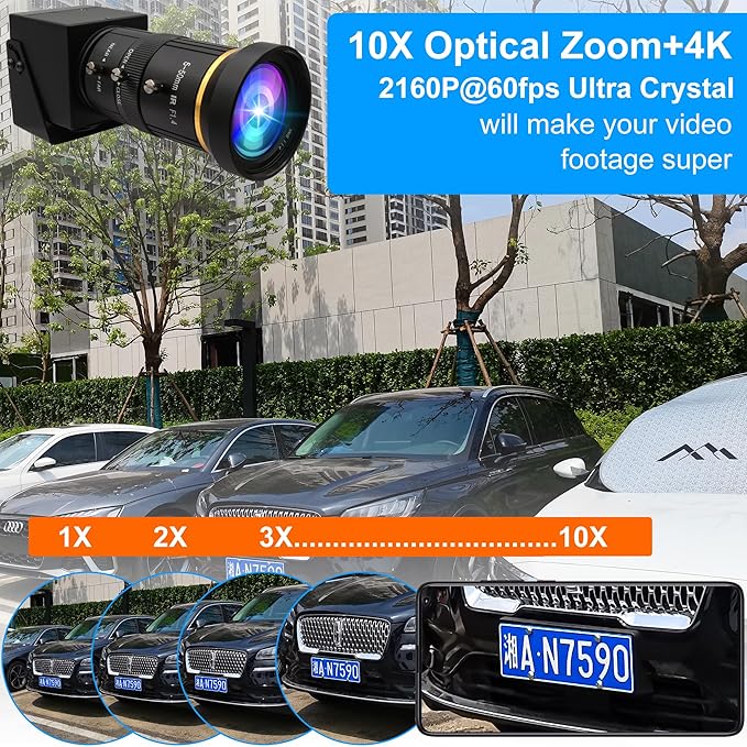 ELP 4K USB3.0 HDMI USB Camera Manual Zoom Webcam 4K 60fps PC Camera Mini Close-up Camera for Computer H.264 Telescope USB Security Camera 8mp Industrial CCTV Camera (5-50mm 10X Zoom Lens)