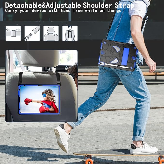 Dteck for iPad Air (3rd Generation) 2019/iPad Pro (2017 Release) Hard Case 10.5" with Kickstand, Shoulder Strap/Screen Protector Film/Stylus Included, Shockproof Cute Spider Kid's Cover, Black/Blue