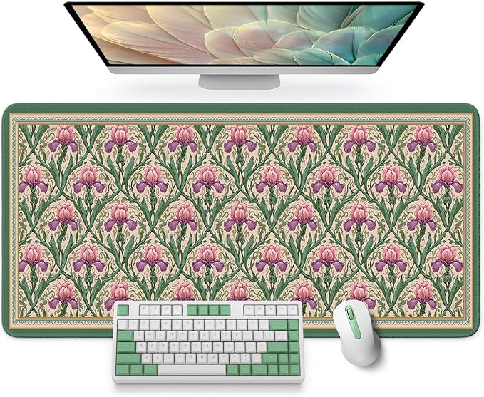 Large Mouse Pad for Desktop, Cute Desk Mat Pad Protector for Work & Gaming, Aesthetic Pretty Anti-Slip Laptop Blotter Cover for Office School Home Supplies, Blush Iris Garden, 35.4" x 15.7"
