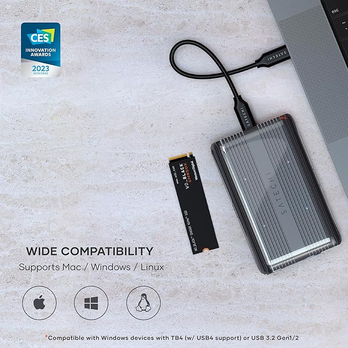 Satechi M.2 Enclosure, USB4 NVMe SSD Pro Enclosure, 40Gbps, up to 16TB, Aluminum Enclosure with Silicone Pin, Polycarbonate Casing, USAP SSD Trim for Sizes 2280/2260/2242/2230mm (SSD Not Included)