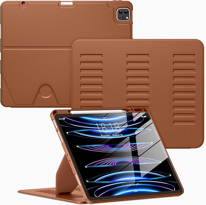 VIKESI Case for iPad Pro 12.9 6th / 5th / 4th / 3rd Generation Case 2022/2021/2020/2018,Multiple Angles Magnetic Stand Cover,Shockproof Soft Back,Pencil Holder,and Auto Sleep/Wake,Brown