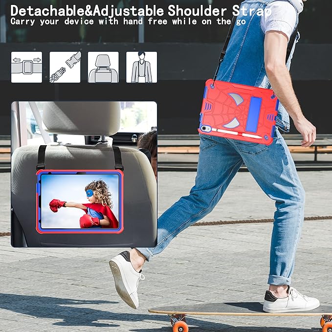 Dteck for iPad Air (3rd Generation) 2019 and iPad Pro (2017 Release) Hard Case 10.5" with Kickstand, Shoulder Strap/Screen Protector Film/Stylus Included, Shockproof Cute Spider Kid's Cover, Red/Blue
