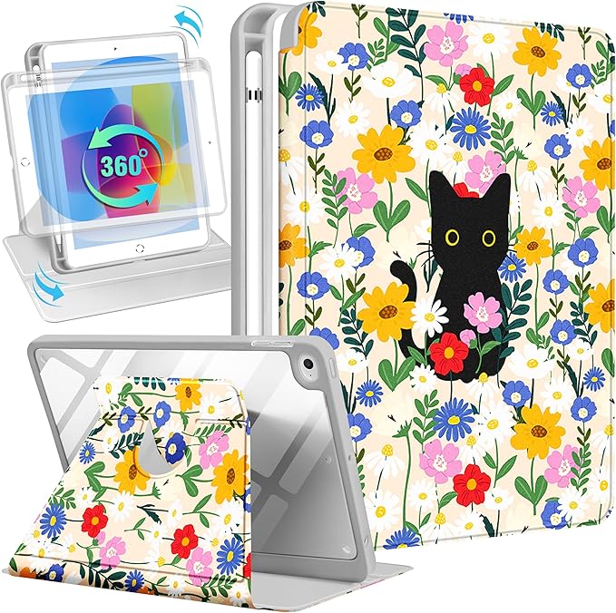 Uppuppy for iPad mini 4 Case for iPad mini 5th Generation Case - 360 Rotating Stand Folio Smart Cover with Pencil Holder for Women Girls, Cat and Flowers for Apple Tablet Mini 7.9 inch 2019/2015