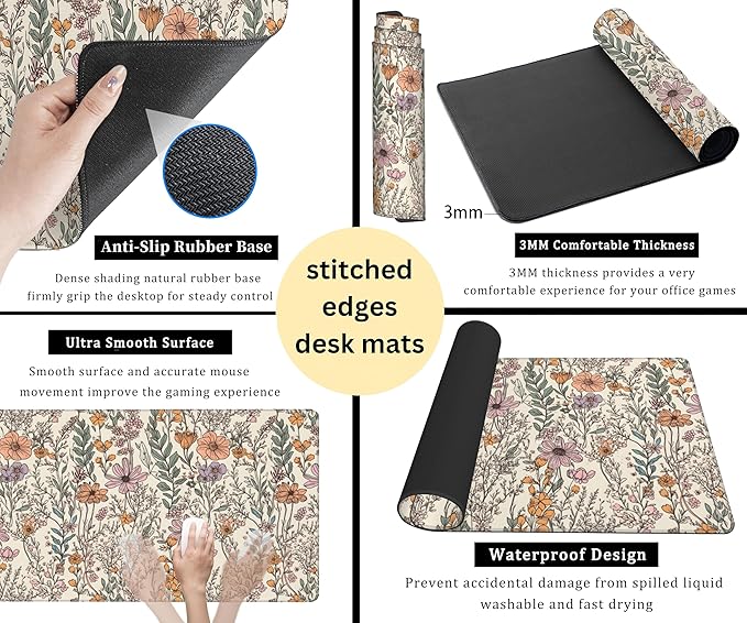 Wild Flowers Gaming Mouse Pad, Floral Cute Keyboard Mouse Mat, Full Desk Protector, Aesthetic Desk Decor 31.5"x15.75"