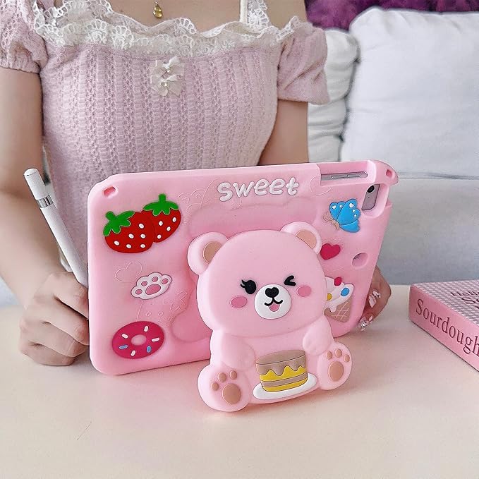 3D Cute Bear Case for iPad Air 1st 2nd/iPad Pro 2016/iPad 5th 6th 9.7 inch,Kawaii Cartoon Pretty Sweet Bear Soft Silicone Foldable Stand Case with Lanyard for Kids Teens Girls Women
