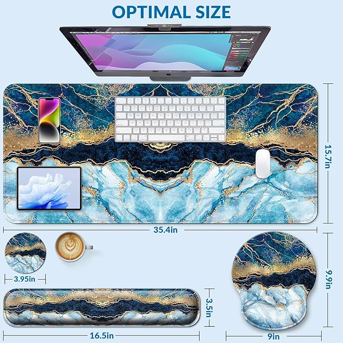 Desk Mat Set + Keyboard and Mouse Pad with Wrist Rest Support,4-in-1 Large Mousepad Computer Mats for Desktop Home & Office-Marble 2