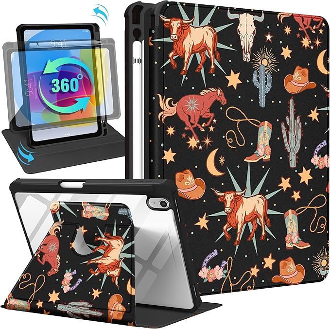 Uppuppy for iPad A16 Case for iPad 10th Generation Case 10.9 inch - 360 Degree Rotating Stand Folio Smart Cover with Pencil Holder for Women Girls, Western Cowboy for Apple Tablet 10th 2022/11th 2025