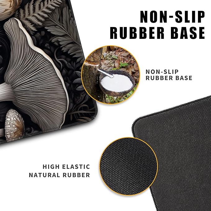 Mushroom Mouse Pad Gaming Desk Pad Ferns XL Large Mat Black Long Extended Mousepad Non-Slip Rubber Mice Pads Stitched Edges Thin Pad (31.5x11.8 Inch)