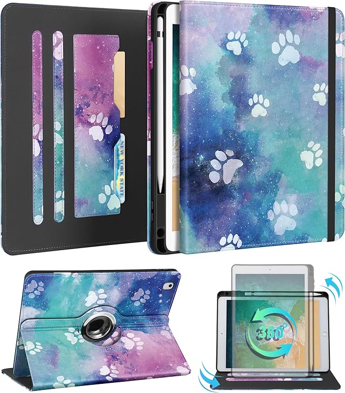 Kidcube for iPad 5th Generation Case 2017/Air 1st 2013/Pro 9.7 Inch Case 2016 - Women Girls Kids Cute Rotating Stand Folio Cover with Pencil Holder & Card Slot Kawaii Cartoon Cool Dogs Design Cover