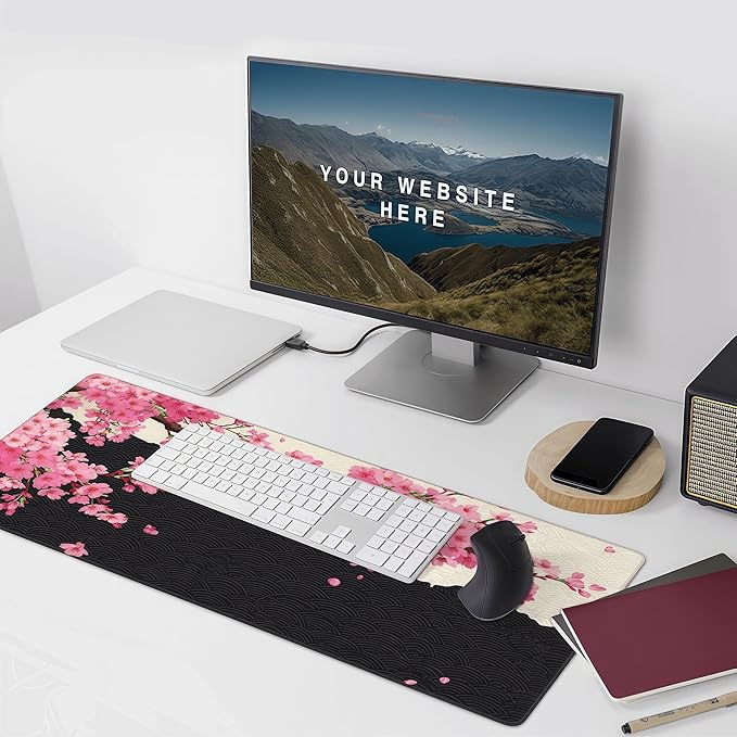 Extra Large Mouse Pad, Cherry Blossom Floral Pattern, Non-Slip Rubber Base, 35.4 x 15.7 Inches, Rectangular Desk Pad