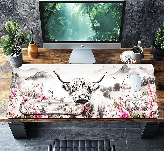 4-Piece Extended Large Mouse Pad Set for Women Men with Highland Cow Design Includes 35.4 x 15.7 XXL Large Mouse Pad Keyboard Wrist Rest Mouse Wrist Support and Coaster for Office Home