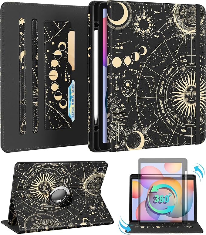 Kidcube for Samsung Galaxy Tab S6 Lite Case 10.4 Inch 2024/2022/2020 - Women Girls Cute Rotating Stand Folio Cover with Pencil Holder & Card Slot Girly Sun Moon Stars Design Cases for Tab S6 Lite