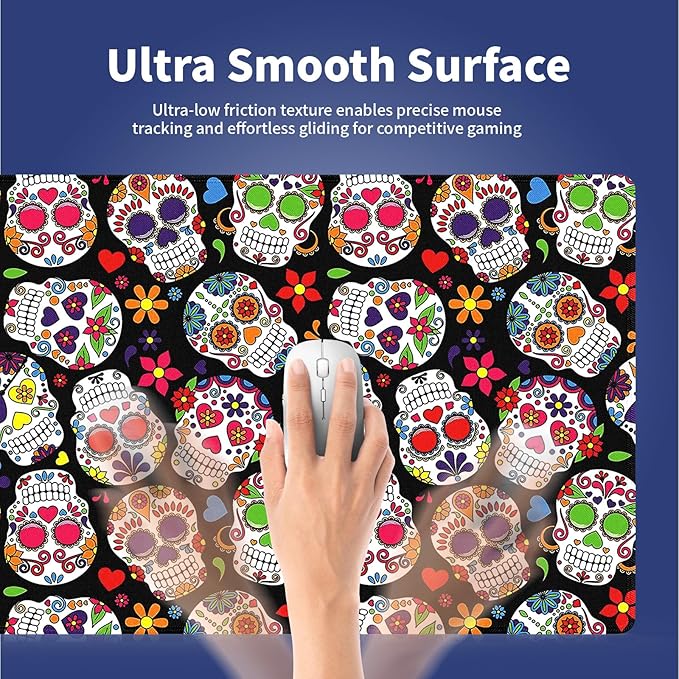 XXL Gaming Mouse Pad with Stitched Edges for Home & Office - Colorful Sugar Skull Abstract Seamless Floral Day of The Dead Design, Smooth Cloth Surface Anti-Slip Rubber Base Large Desk Mat