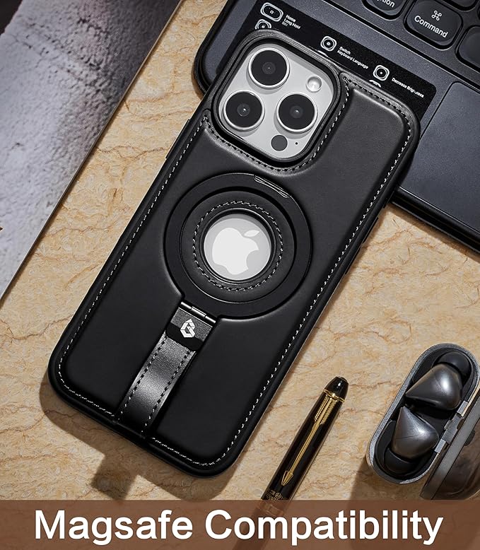 Butaiga for iPhone 16 Pro Leather Case with Stand, Anti-Slip Grip Ring, Fits for MagSafe (Black, iPhone 16 Pro)