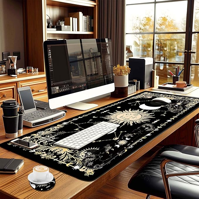 4-Piece Extended Large Mouse Pad Set for Women Men with Moon Face Design Includes 35.4 x 15.7 XXL Large Mouse Pad Keyboard Wrist Rest Mouse Wrist Support and Coaster for Office Home